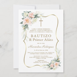 Convites Delicadas Flores Bege Branco 1º Aniversário Batism