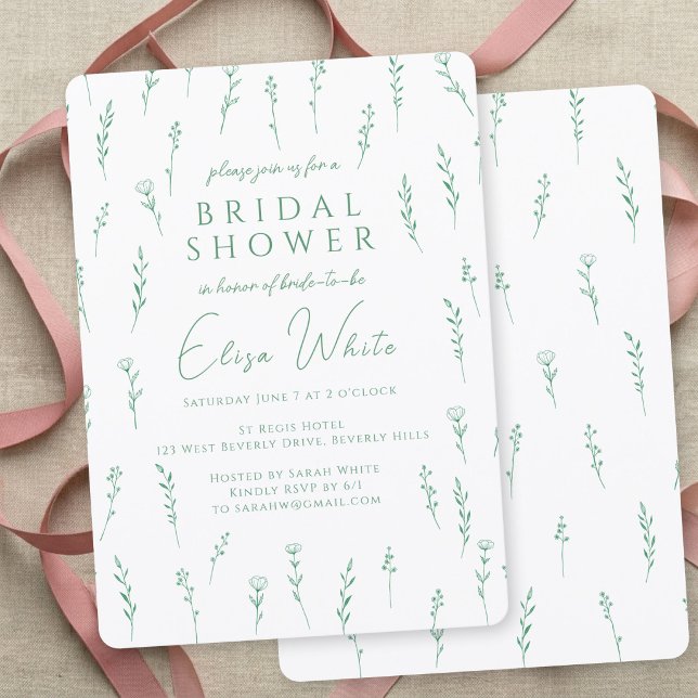 Convites Delicadas Flores Silvestres Espalhadas Chá de Bebê (Delicate Scattered Wildflowers Green Bridal Shower Invitation
)