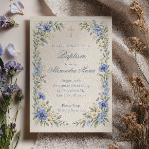 Convites Delicado Azul Floral Aguarela Batismo