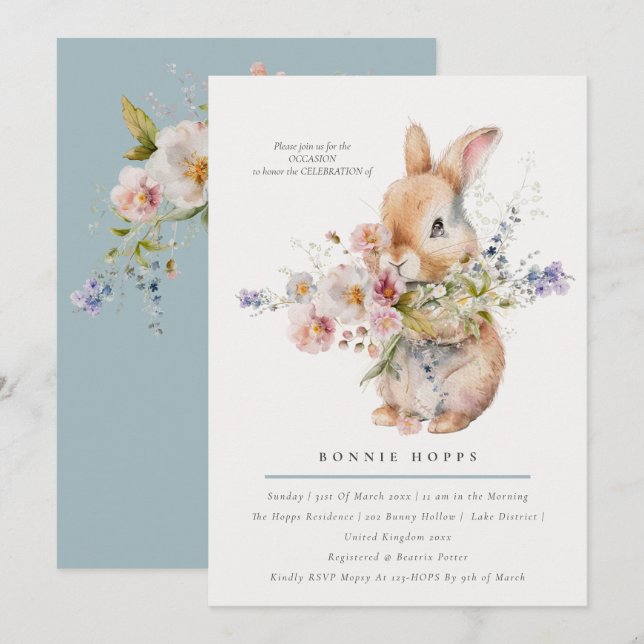 Convites Delicado Buquê Floral de Coelhinho da Primavera Ba (Frente/Verso)