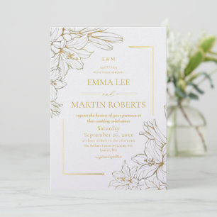 Convites Delicado Casamento Floral Elegante Branco e Dourad