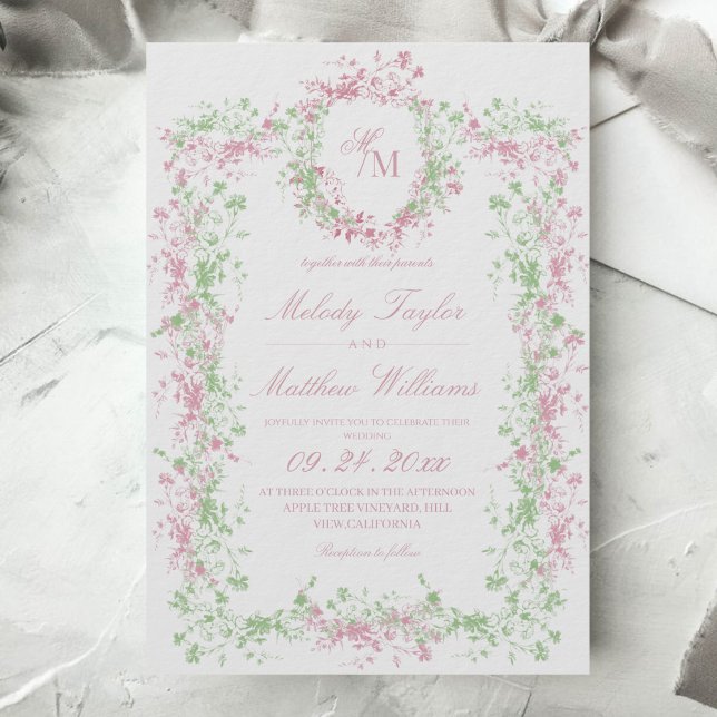 Convites Delicado Crista de Flora Francesa Casamento (Criador carregado)