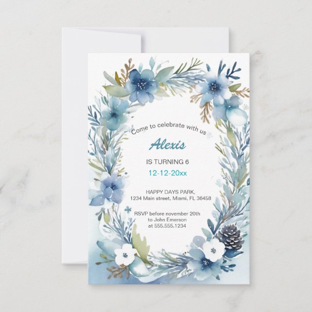 Convites Delicado Floral Wreath Soft Azul Aniversário (Frente)