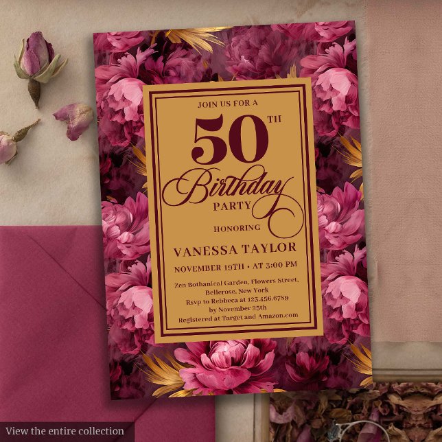 Convites Delicado Merlot blush gold floral 50 anos (Delicate merlot blush gold floral 50th birthday invite

)