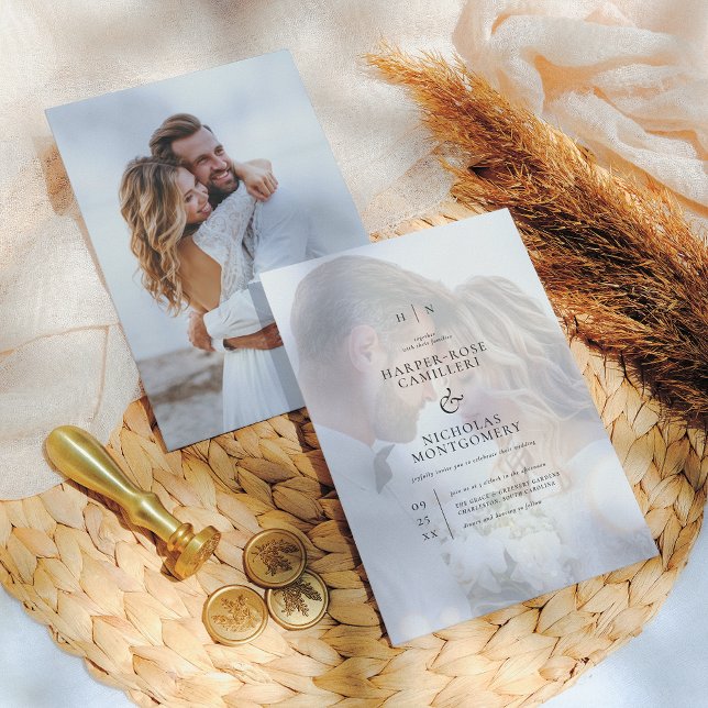 Convites Delicado Monograma Preto Caligrafia Foto Casamento (Criador carregado)