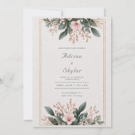 Convites Delicado Quadro Dourado Floral Rosa Enrubescido Ca