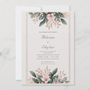 Convites Delicado Quadro Dourado Floral Rosa Enrubescido Ca