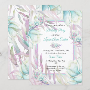 Convites Delicado Roxo Azul Floral Aquarela Aniversário