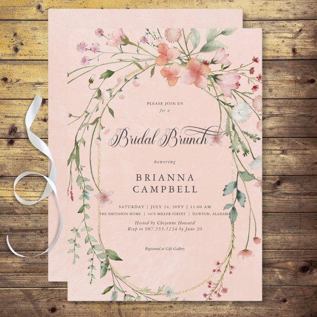 Convites Delicados Flores Silvestres Rosa Rústico Brunch de (Delicate Pink Rustic Wildflowers Bridal Brunch Invitation)