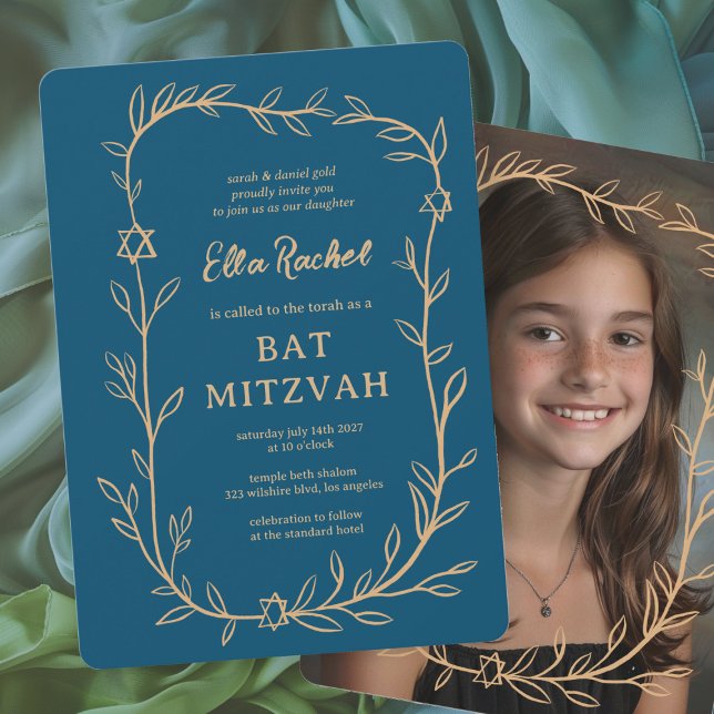 Convites Delicar Bar de FOTO PERSONALIZADO Botânico Bat Mit (Delicate Botanical CUSTOM PHOTO Bar Bat Mitzvah Girl Modern Invitation
)