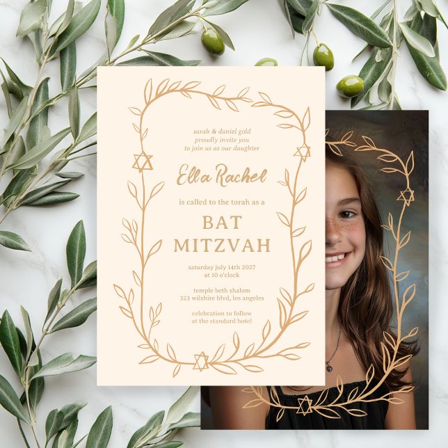 Convites Delicar Bar de FOTO PERSONALIZADO Botânico Bat Mit (Delicate Botanical CUSTOM PHOTO Bar Bat Mitzvah Invitation
)