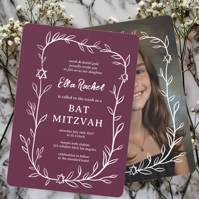 Convites Delicar Bar de FOTO PERSONALIZADO Botânico Bat Mit (Delicate Botanical CUSTOM PHOTO Bar Bat Mitzvah Invitation Purple White Hand Drawn Leafy Trendy
)