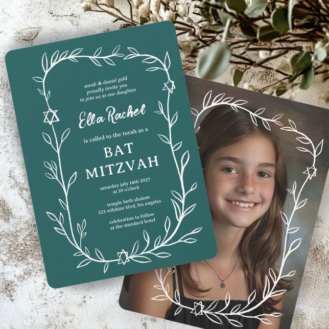 Convites Delicar Bar de FOTO PERSONALIZADO Botânico Bat Mit (Delicate Botanical CUSTOM PHOTO Bar Bat Mitzvah Invitation
)