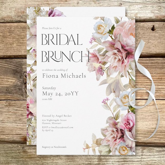 Convites Delicar Bridal Rosa Rosa Rosa Moderna e Lily (Delicate Modern Pink Rose & Lily Bridal Brunch Invitation)