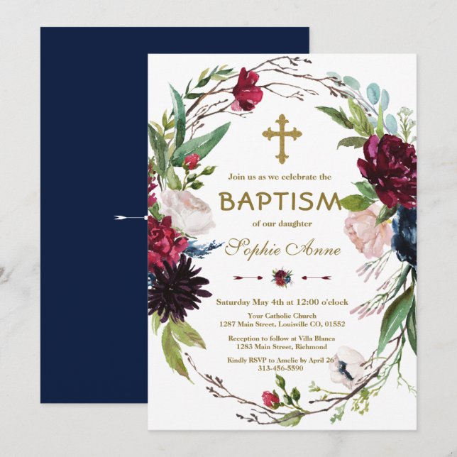 Convites Delicar Burgundy Blue Floral Wreath Girl Baptism (Frente/Verso)