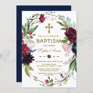 Convites Delicar Burgundy Blue Floral Wreath Girl Baptism