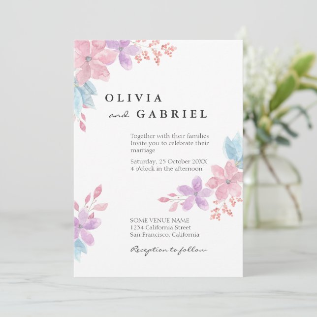 Convites Delicar casamento com flores de aquarela botânica (Em pé/Frente)