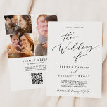 Convites Delicar Casamento de Código QR de Colagem de Foto<br><div class="desc">Este delicado convite de casamento por colagem de fotos pretas QR é perfeito para um casamento moderno. A design romântica minimalista apresenta uma magnífica e elegante tipografia negra num fundo branco com um aspecto simples e limpo. Personalize seu convite com 3 fotos de noivado no verso. Inclua um código QR...</div>