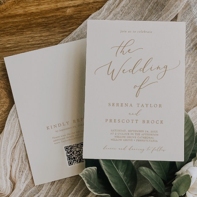 Convites Delicar Casamento de Código QR Dourado e Creme (Criador carregado)