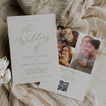 Convites Delicar Casamento de Código QR para Colagem de Fot<br><div class="desc">Este delicado convite de casamento por colagem de ouro e creme QR é perfeito para um casamento moderno. A design romântica minimalista apresenta uma magnífica e elegante tipografia amarela ouro champanhe num fundo de creme de marfim com um aspecto simples e limpo. Personalize seu convite com 3 fotos de noivado...</div>