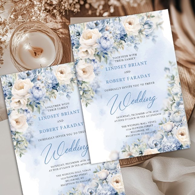 Convites Delicar casamento de flores azuis e brancas (Winter Watercolor blue and beige roses eucalyptus greenery wedding invitation digital)