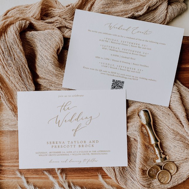 Convites Delicar Casamento Horizontal de Eventos Dourados d (Delicate Gold Weekend Events Horizontal Wedding Invitation)