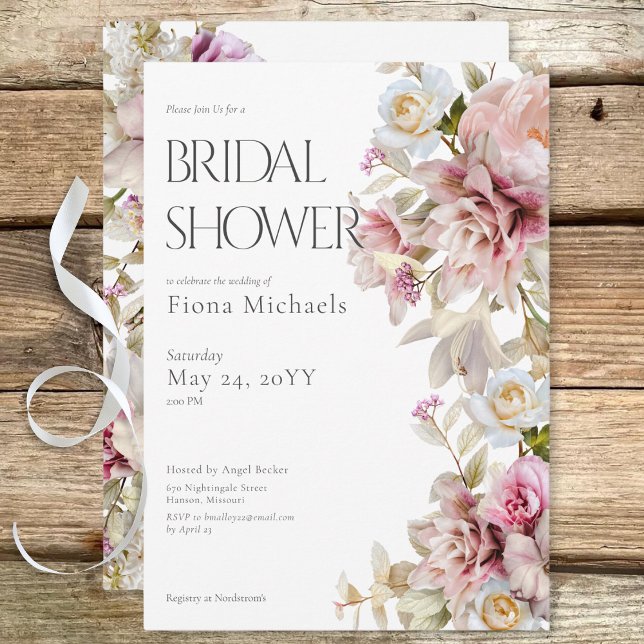 Convites Delicar Chá de panela rosa e lírio moderno rosa (Delicate Modern Pink Rose & Lily Bridal Shower Invitation)