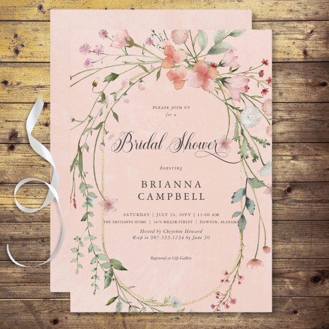Convites Delicar Chá de panela Russo de Flores Selvagens Ro (Delicate Pink Rustic Wildflowers Bridal Shower Invitation)