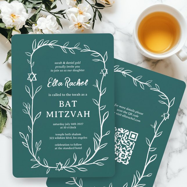 Convites Delicar Código QR PERSONALIZADO do Bar Botânico Ba (Delicate Botanical Bar Bat Mitzvah CUSTOM QR Code Invitation
)