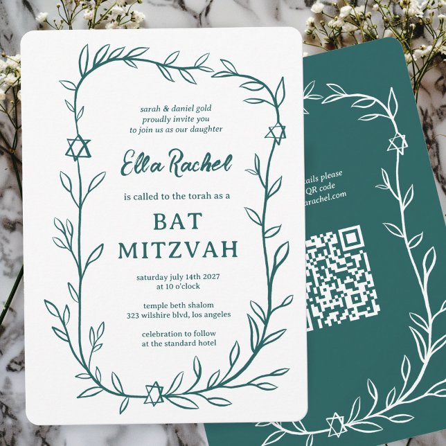 Convites Delicar Código QR PERSONALIZADO do Bar Botânico Ba (Delicate Botanical Bar Bat Mitzvah CUSTOM QR Code Invitation Green White Doodle Sketch Hand Drawn)