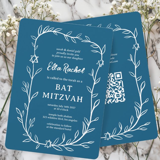 Convites Delicar Código QR PERSONALIZADO do Bar Botânico Ba (Delicate Botanical Bar Bat Mitzvah CUSTOM QR Code Invitation Blue White Hand Drawn Elegant
)