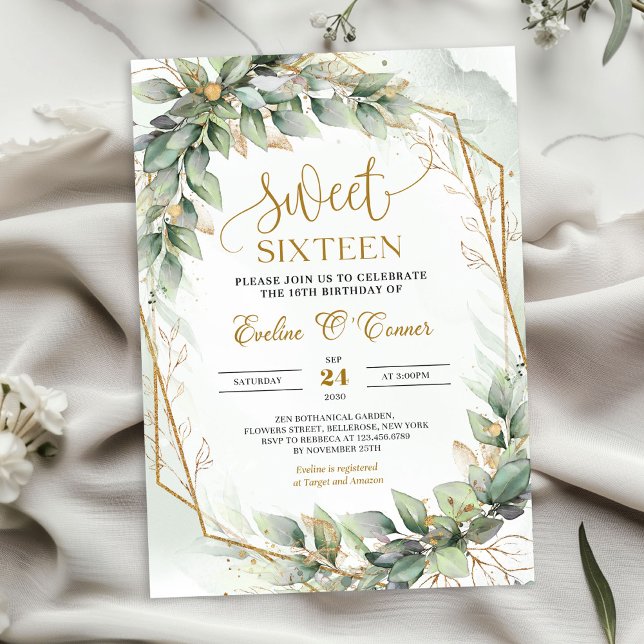 Convites Delicar eucalipto verde e ouro doce dezesseis (Chic watercolor green eucalyptus and gold sweet sixteen invitation digital)