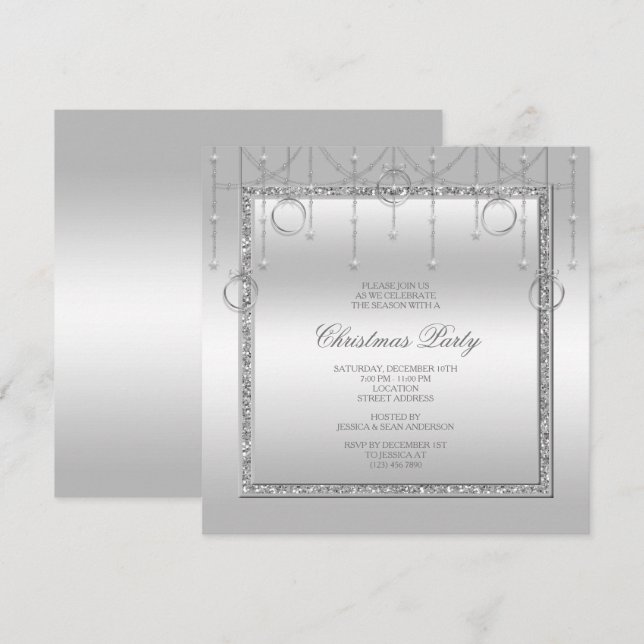 Convites Delicar Festa de Natal de Prata de Estrelas e Anéi (Frente/Verso)