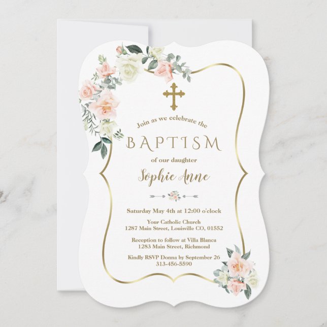 Convites Delicar Flores Brancas Douradas Batismo Menino (Frente)