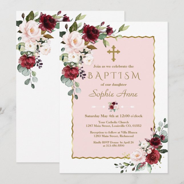 Convites Delicar Flores de Blush Burgundy Dourado Baptismo (Frente/Verso)