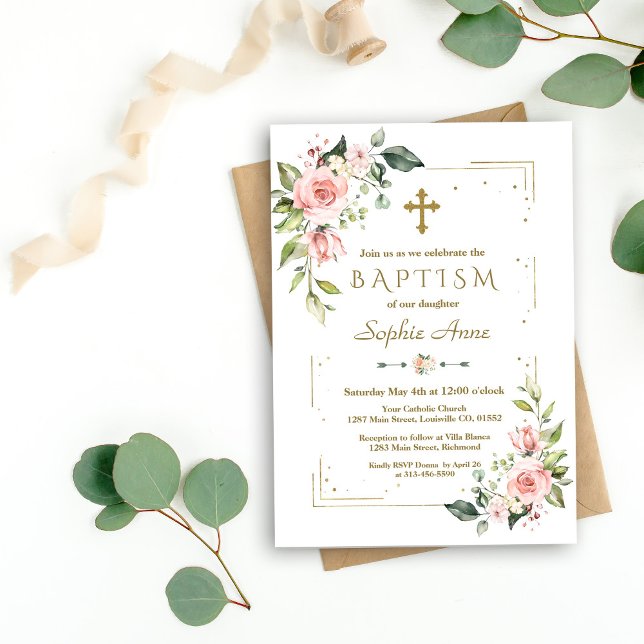 Convites Delicar Flores De Blush Rosa Dourado Batismo De Li (baptism pink flowers gold confetti, trendy rose gold baptism invitation, modern gold floral invite)