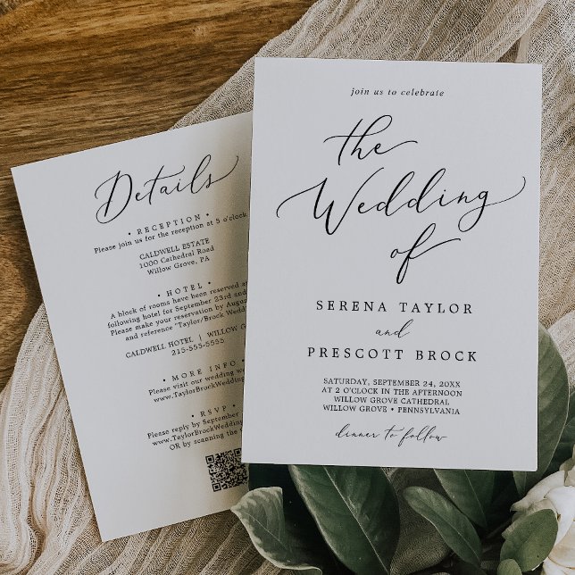 Convites Delicar Preto Tudo Em Um Casamento De Janto QR (Delicate Black All In One QR Dinner Wedding Invitation)