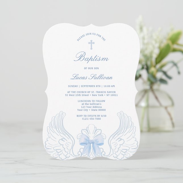 Convites Delicate Angel Wings Blue Bow Baptism (Em pé/Frente)