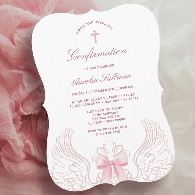 Convites Delicate Angel Wings Pink Bow Confirmation (Criador carregado)