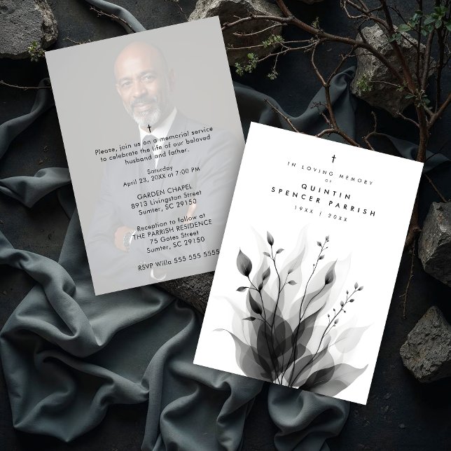 Convites Delicate Black & White Overlapping Leaves & Flower (Delicate Black & White Overlapping Leaves & Flowers Memorial Invitations Cards with Back Photo. )