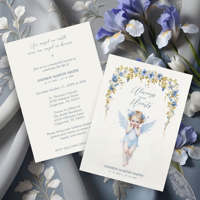 Convites Delicate Blue Angel Condolence Remembrance Babies (Delicate Blue Angel Condolence Remembrance for Baby's Funeral Invitations Cards. )