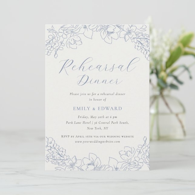Convites Delicate Blue Floral Wedding Rehearsal Dinner (Em pé/Frente)