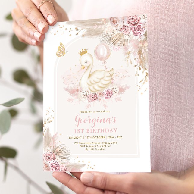 Convites Delicate Blush Boho Swan Princess Girl Aniversário (Criador carregado)