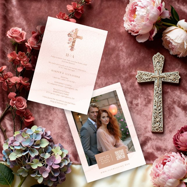 Convites Delicate Blush Glitter Christian Cross Wedding (Delicate Charming Blush Pink Glitter Christian Cross Wedding Invitation Cards with Back Photo.)