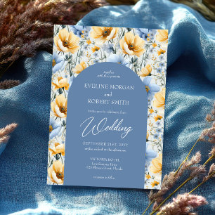Convites Delicate Boho - Arco de flores azuis e amarelas se