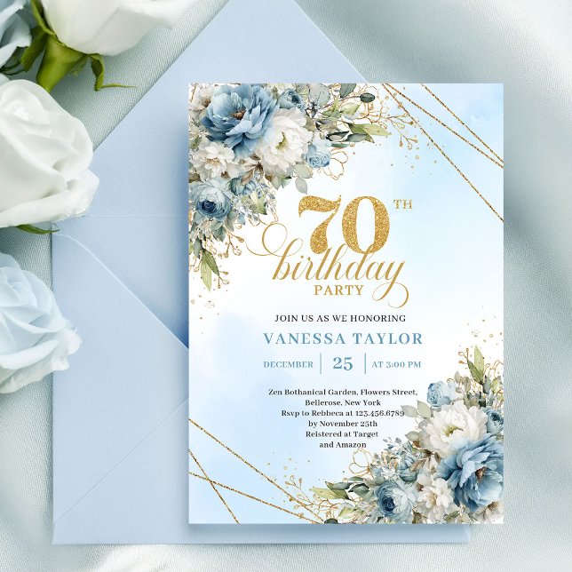 Convites Delicate boho blue florals gold frame 70 birthday (Delicate boho blue florals gold frame 70th birthday

)