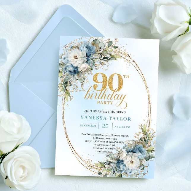 Convites Delicate Boho Dusty Blue Floral Gold 90th Birthday (Delicate Boho Dusty Blue Floral 90th Birthday)
