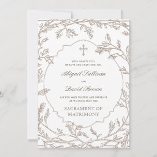 Convites Delicate Brown Foliage Frame Catholic Wedding