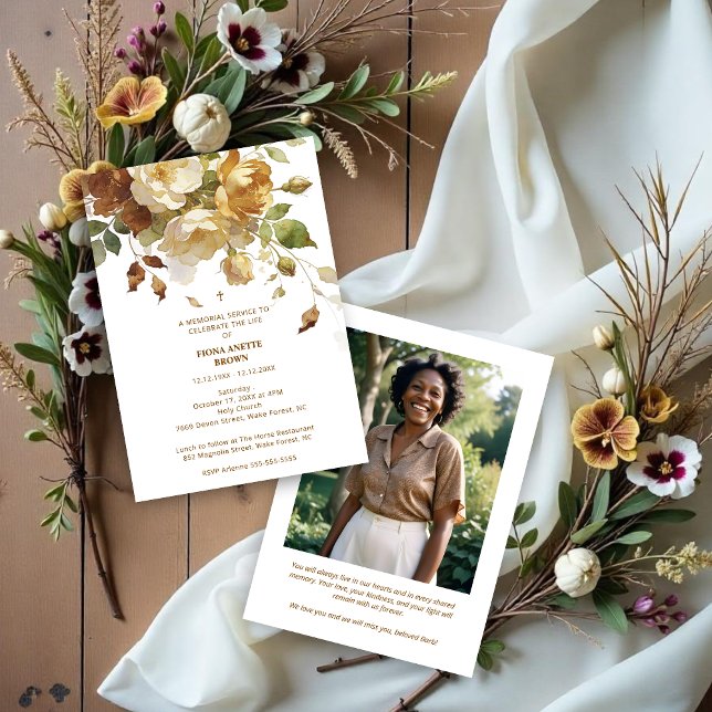 Convites Delicate Brown & Marfil Botanical Floral Funeral (Delicate Brown and Beige Botanical Floral Funeral Invitation Design with Back Photo. )