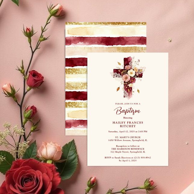 Convites Delicate Burgundy Floral Christian Cross Baptism (Delicate Burgundy Glitter Effect Floral Christian Cross-Shape Baptism Invitation Card Design.)